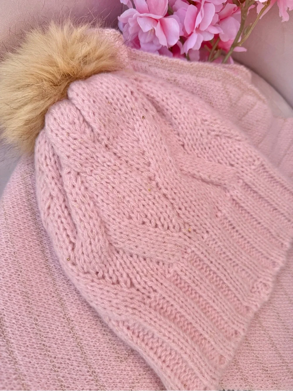 Juicy Couture Pink Knit Pom Beanie and Matching Scarf Set